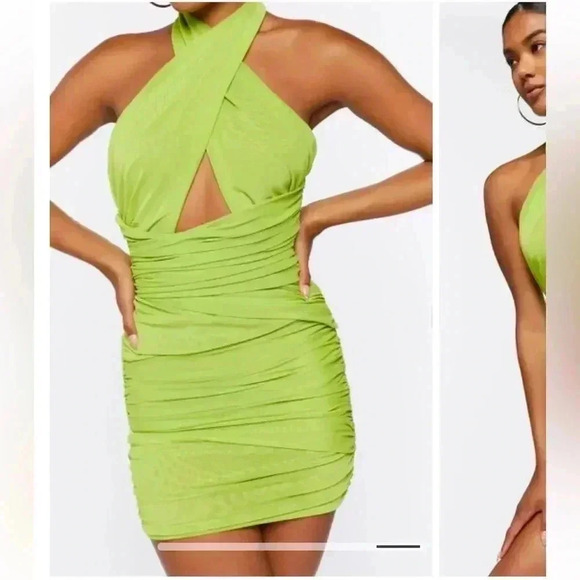 NWT Forever 21 Crisscross Halter Ruched Bodycon Mini Dress Lime Green Apple Sz S - Picture 3 of 13